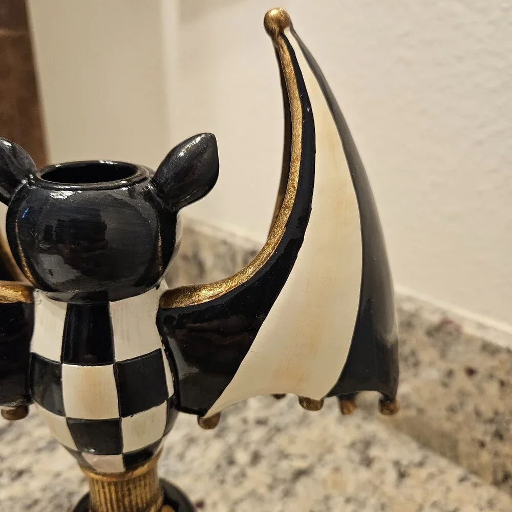 RARE MACKENZIE CHILDS HALLOWEEN BAT COURTLY CHECK FALL TAPER CANDLE HOLDER